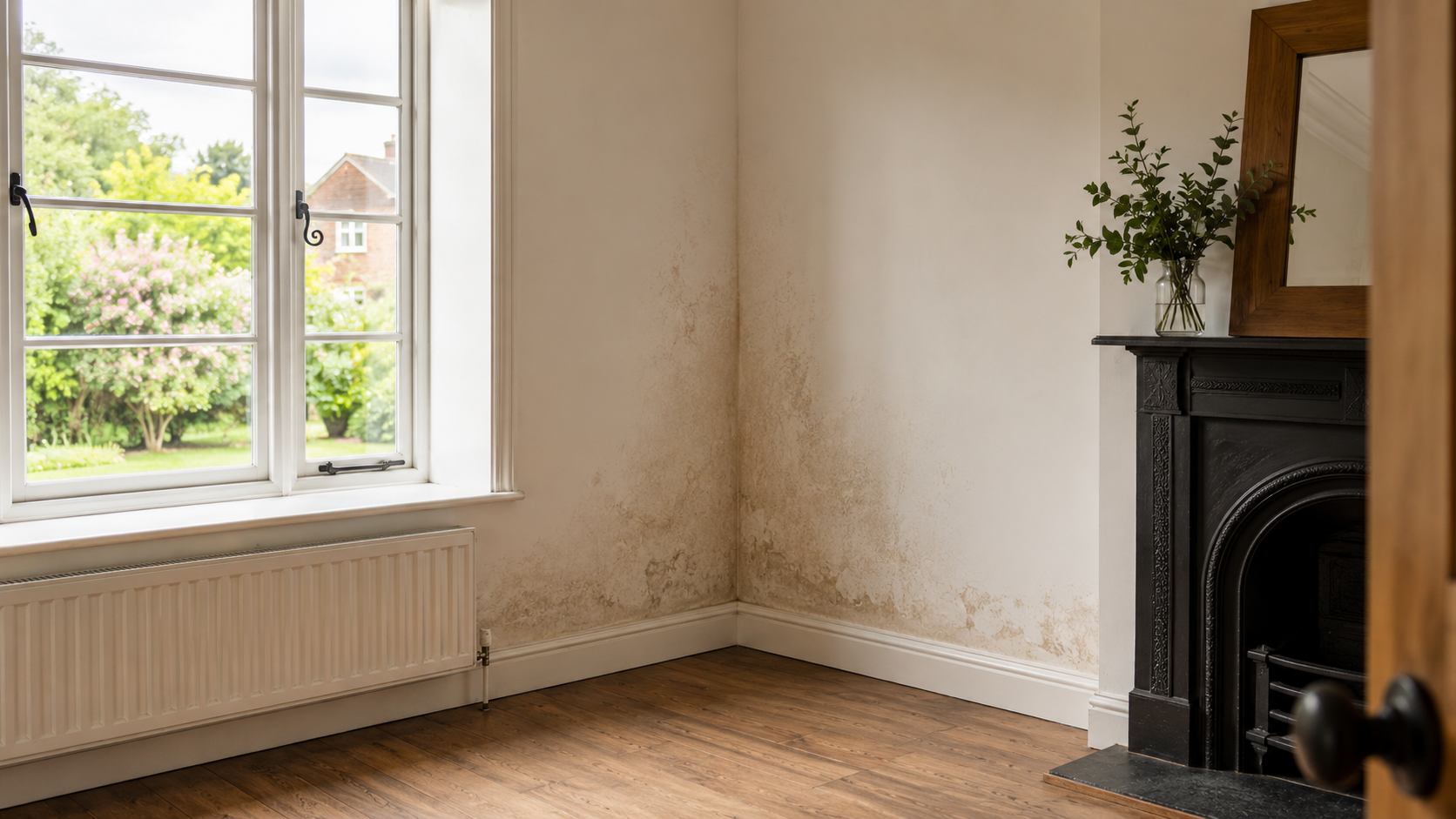 Empty beige living room with window, radiator, wood floor, and black fireplace