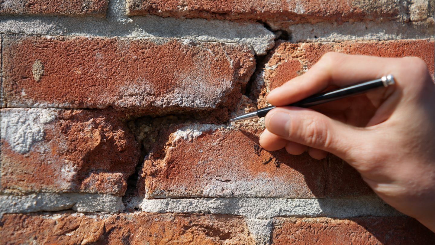 Hand scraping mortar from a red brick wall with a small tool