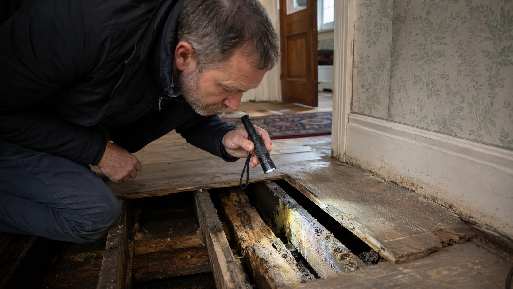 Man inspecting damaged floorboards with a flashlight in a room under renovation