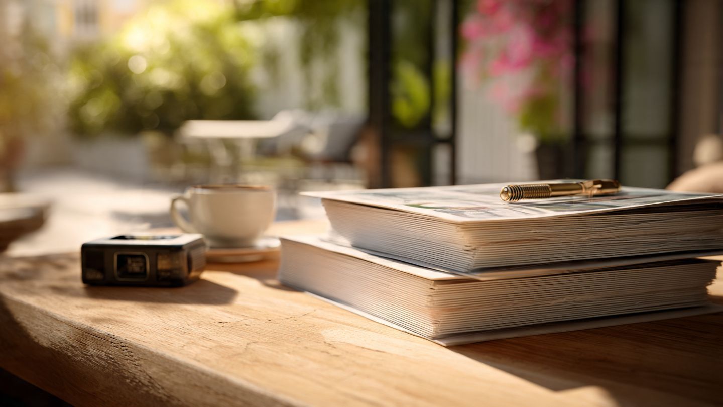 Notebook and coffee cup on a sunlit wooden table near a window with flowers and a camera