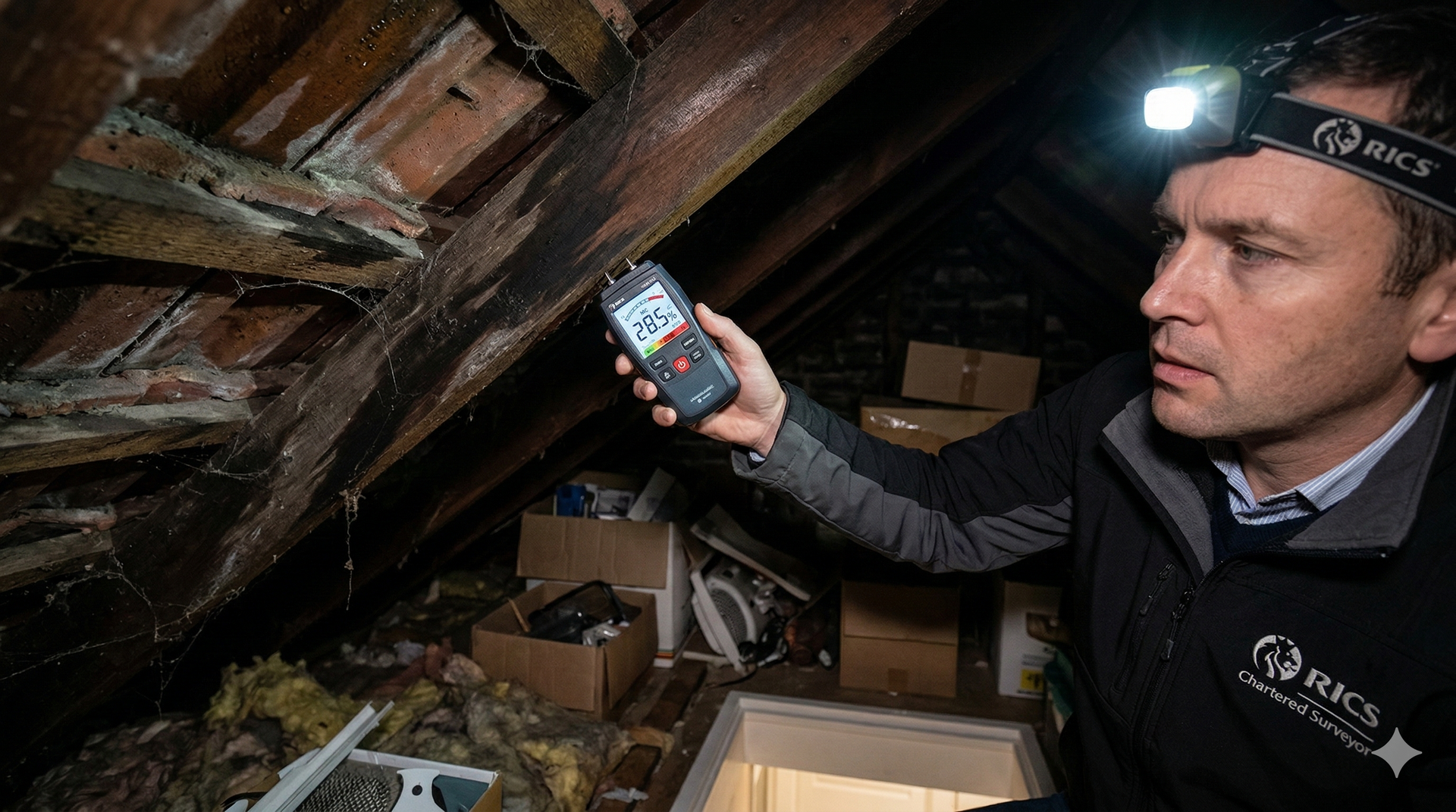 Man in attic inspecting wood with moisture meter, wearing headlamp.