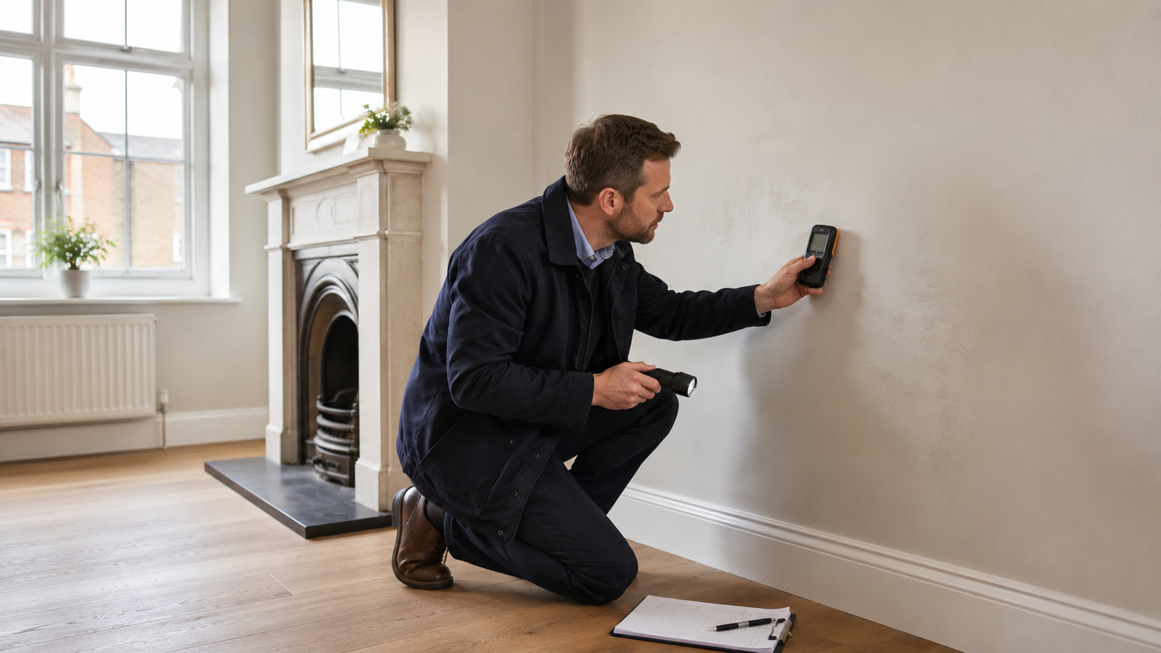 Technician kneeling by a wall, inspecting with a handheld device in a bright living room.