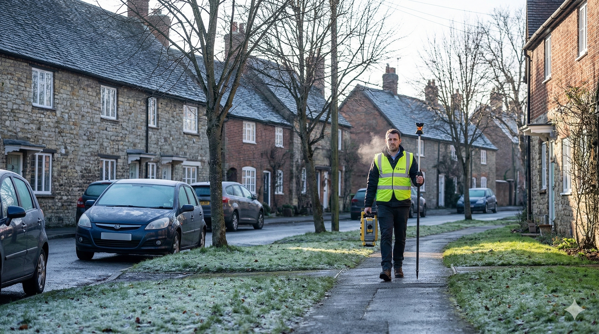 Man in a safety vest walks on a sidewalk in a residential area, holding a survey pole. Cars parked on the street.