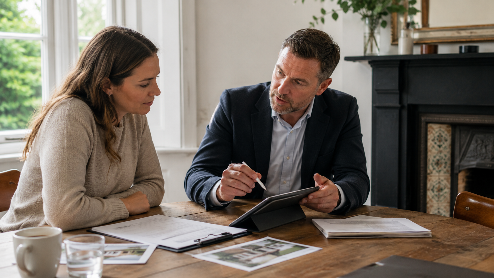 Two people review documents at a wooden table in a bright living room with a fireplace.