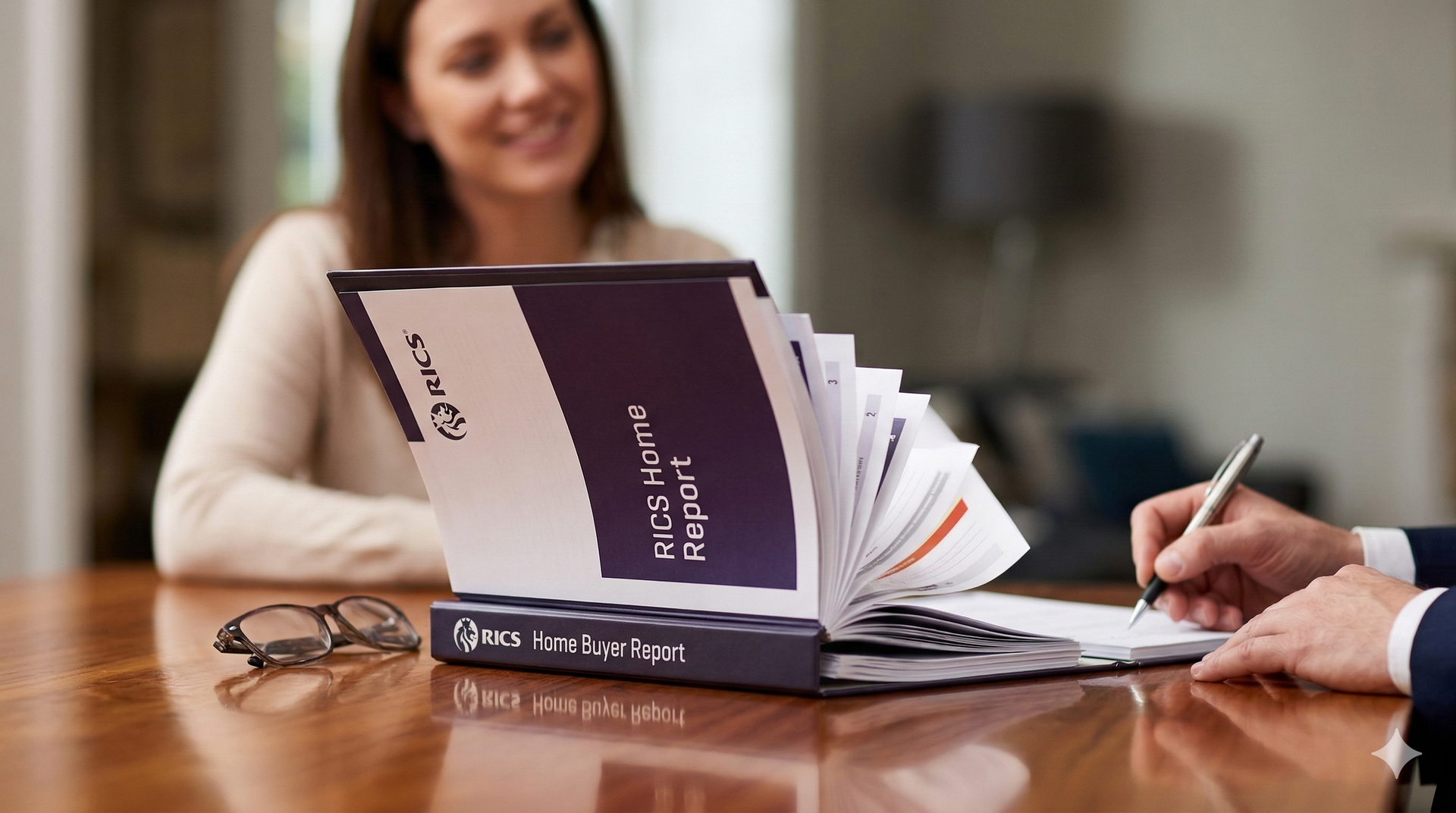 Woman smiles as a person reviews a