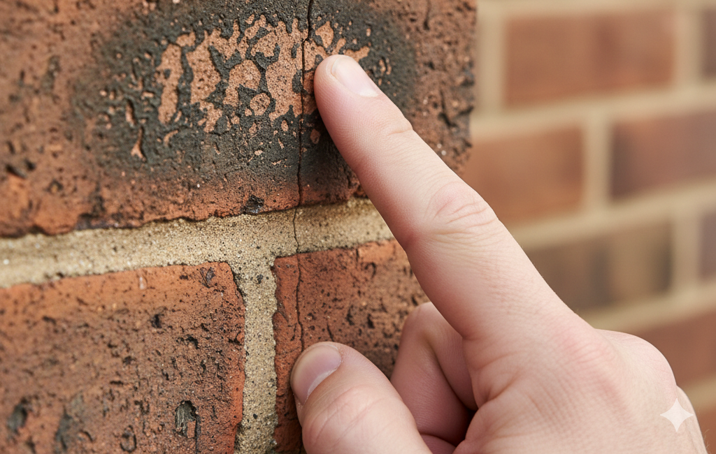 Hand pointing at a vertical crack in a brick wall.
