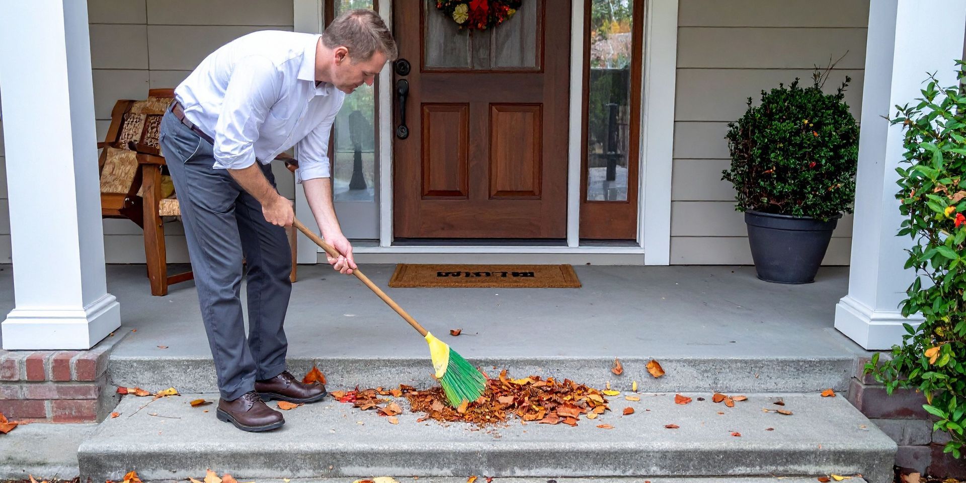 Man sweeping fallen leaves on a porch in front of a door.