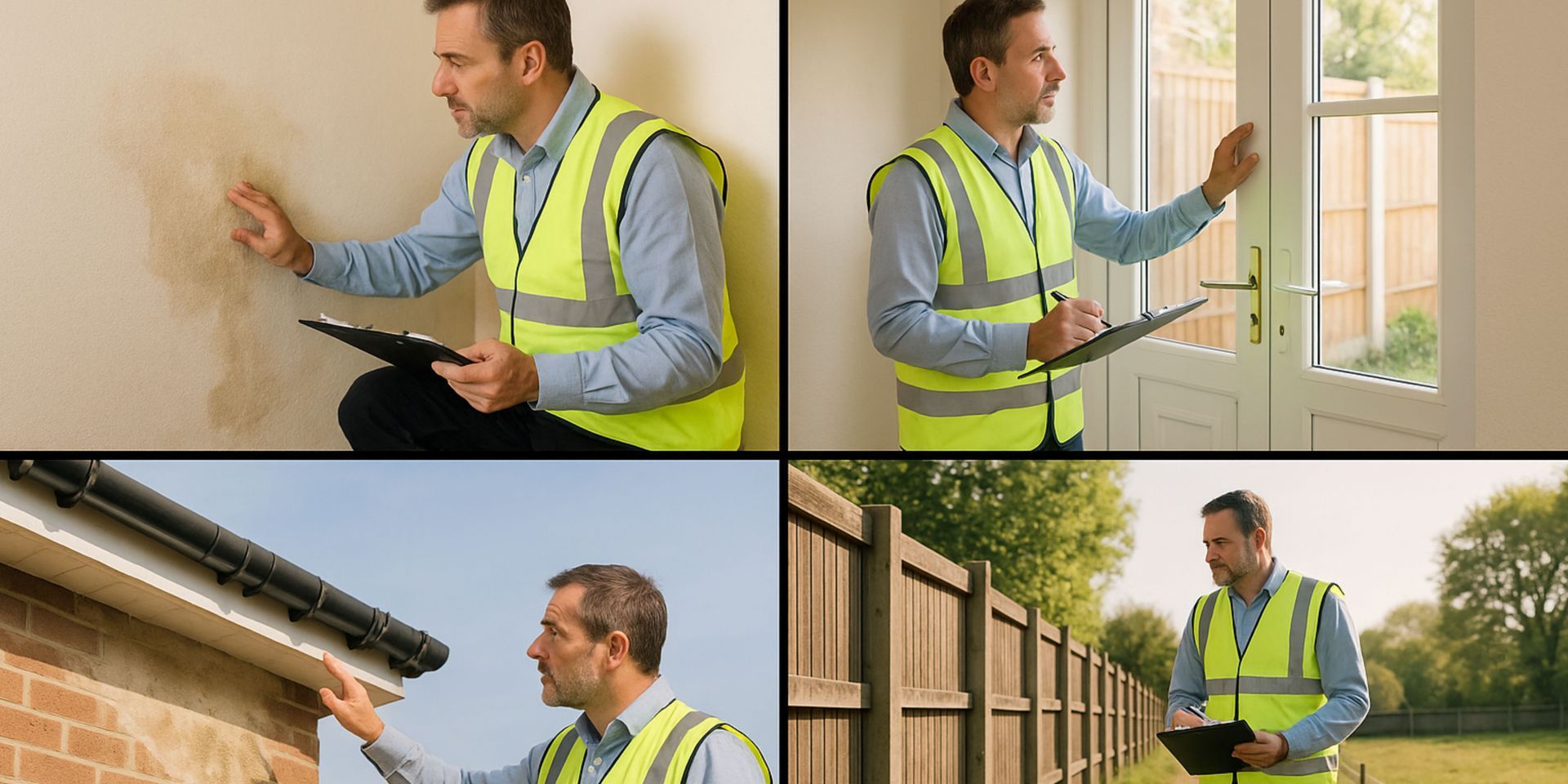 A man in a yellow vest is holding a clipboard and looking at a house.