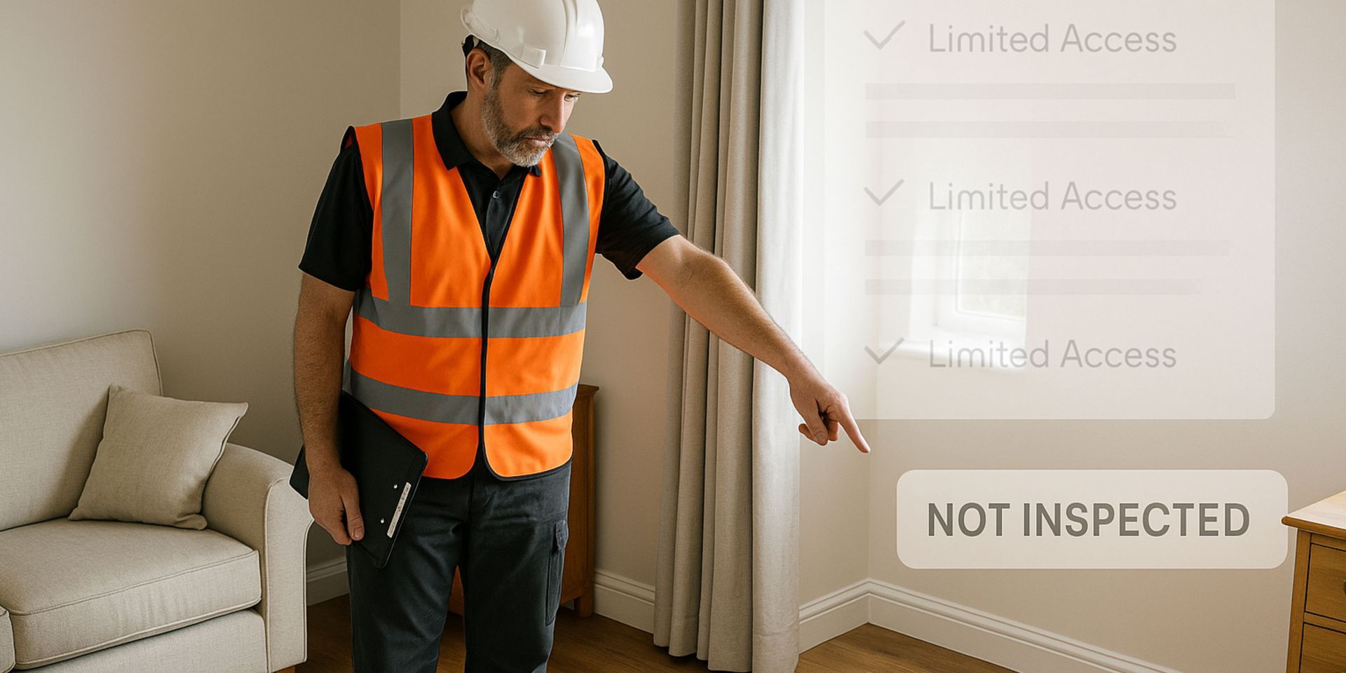 A man in an orange vest and hard hat is pointing at something in a living room.