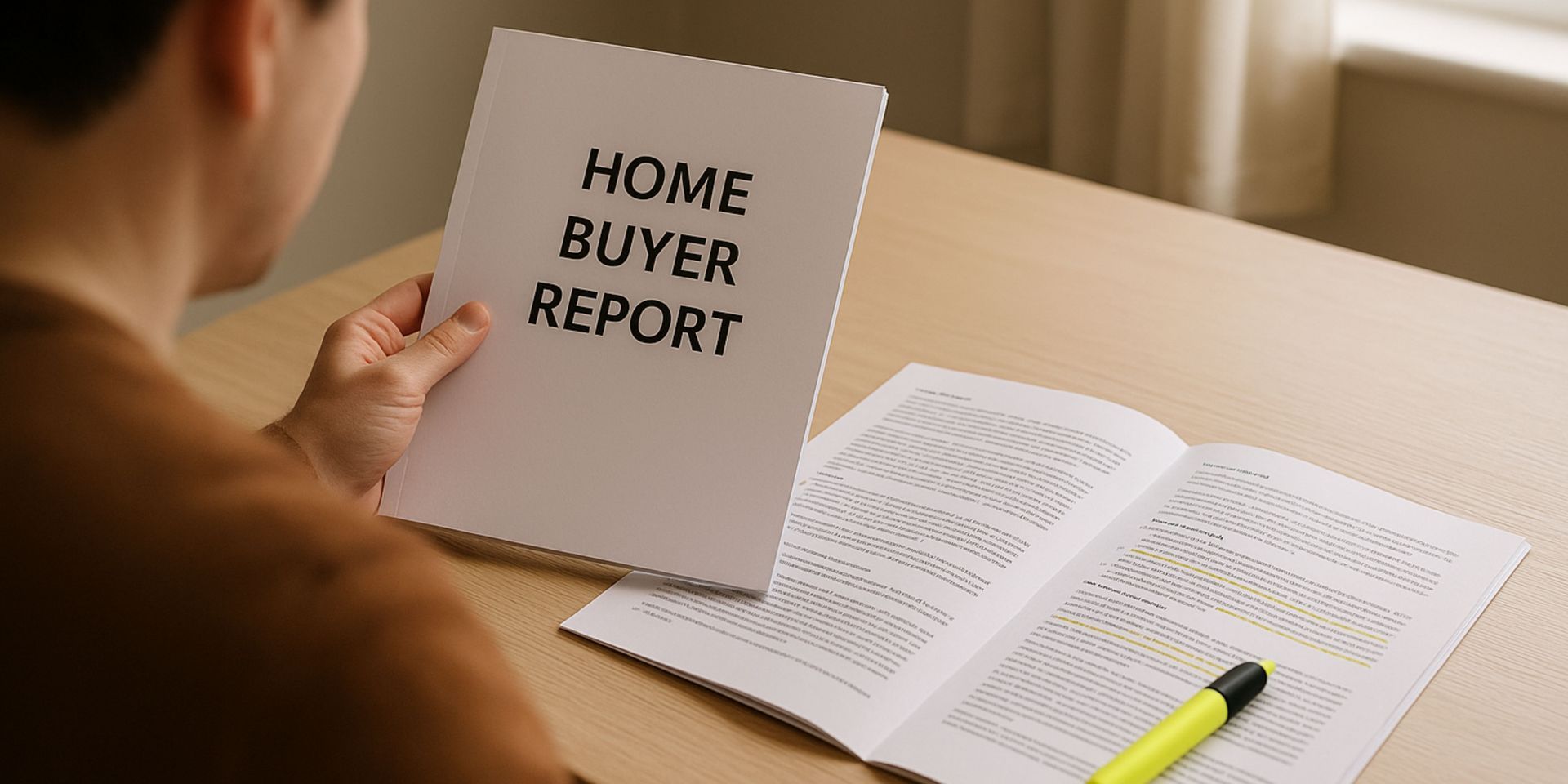 A man is sitting at a table reading a home buyer report.
