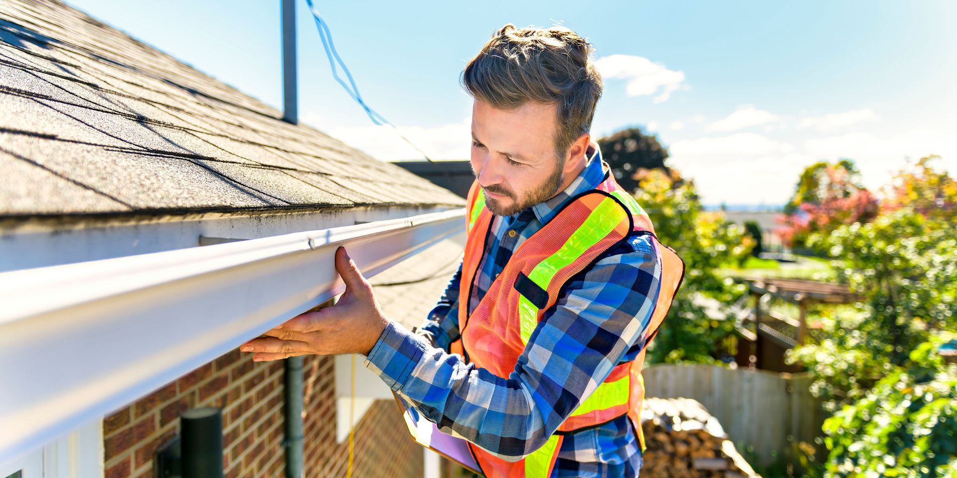 A man is fixing a gutter on the side of a house.