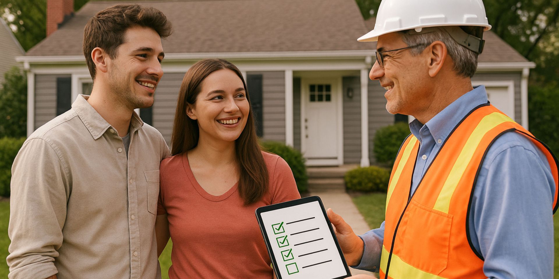 A man in a hard hat is talking to a couple in front of a house.