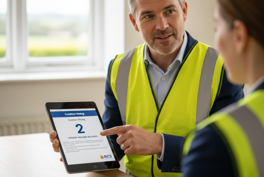 Man pointing at tablet screen, showing information to a person. Both wearing yellow safety vests.
