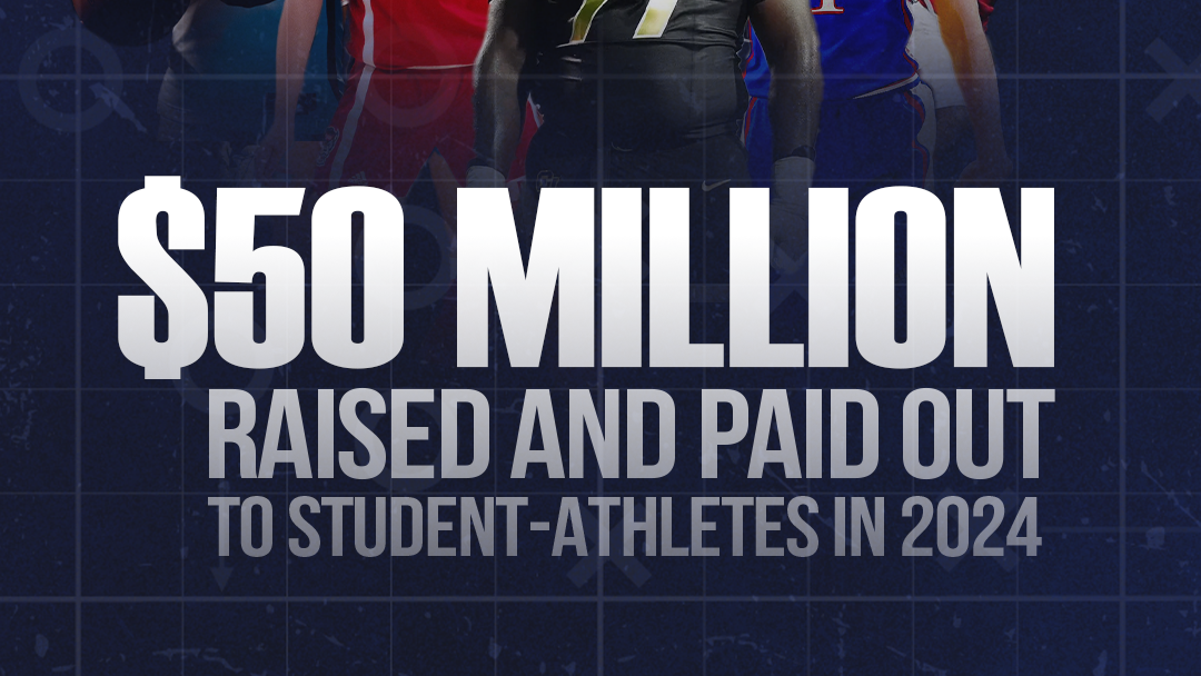 A poster that says $ 50 million raised and paid out to student athletes in 2024