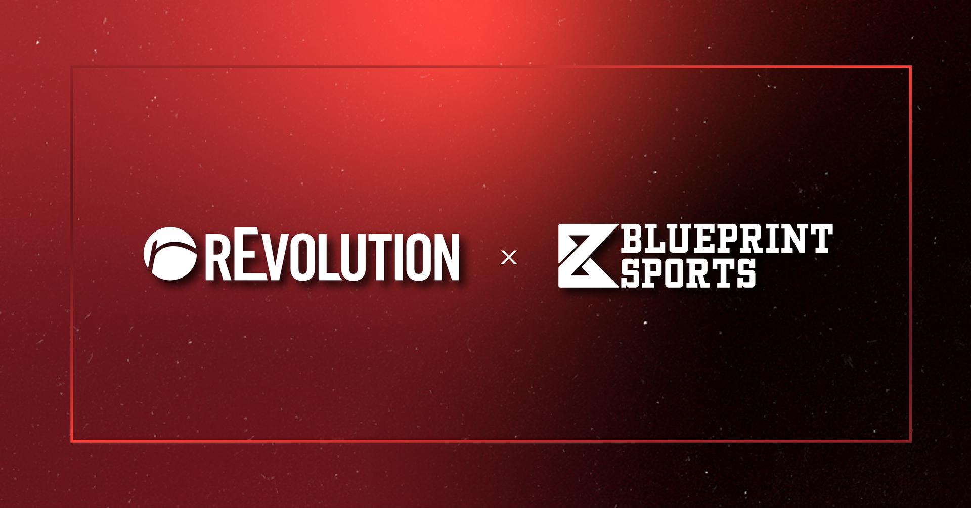 The logo for revolution and blueprint sports is on a red background.