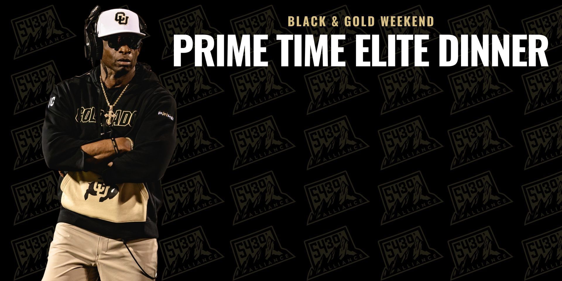 A man is standing in front of a black background with the words prime time elite dinner.