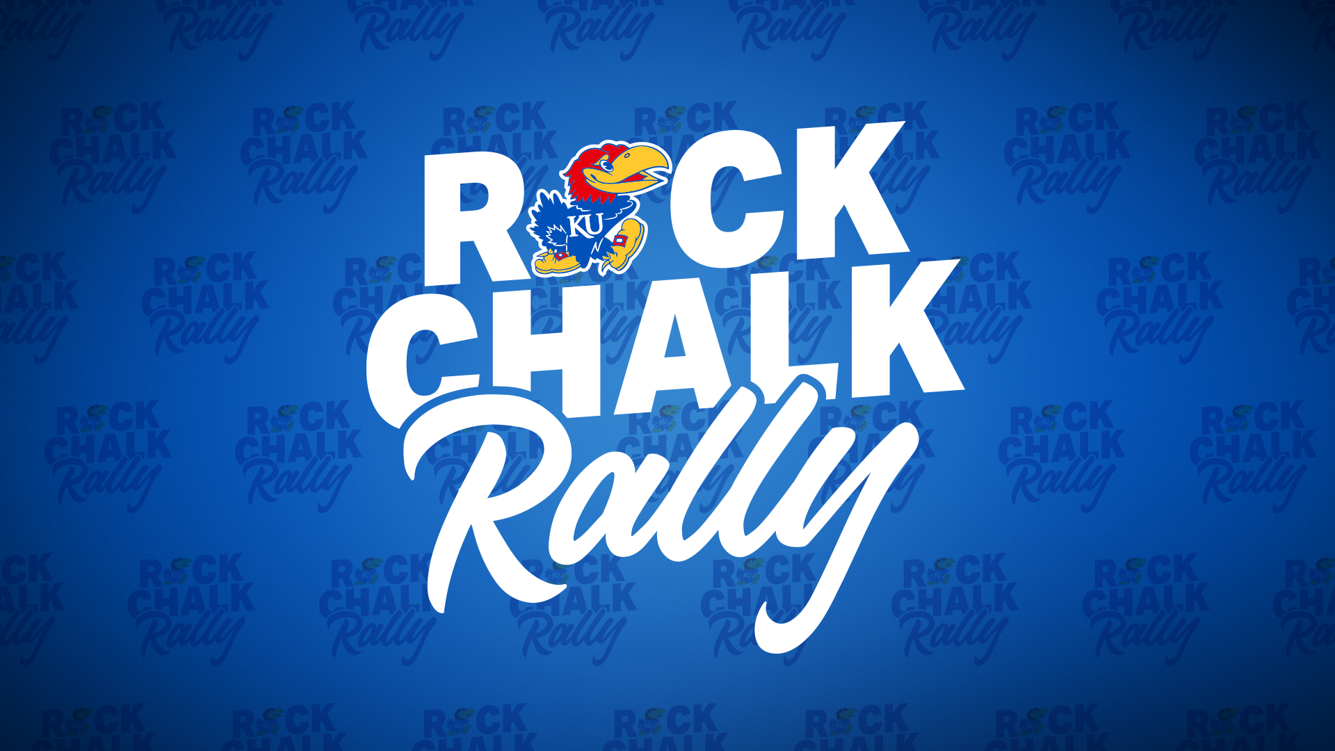 The rock chalk rally logo is on a blue background