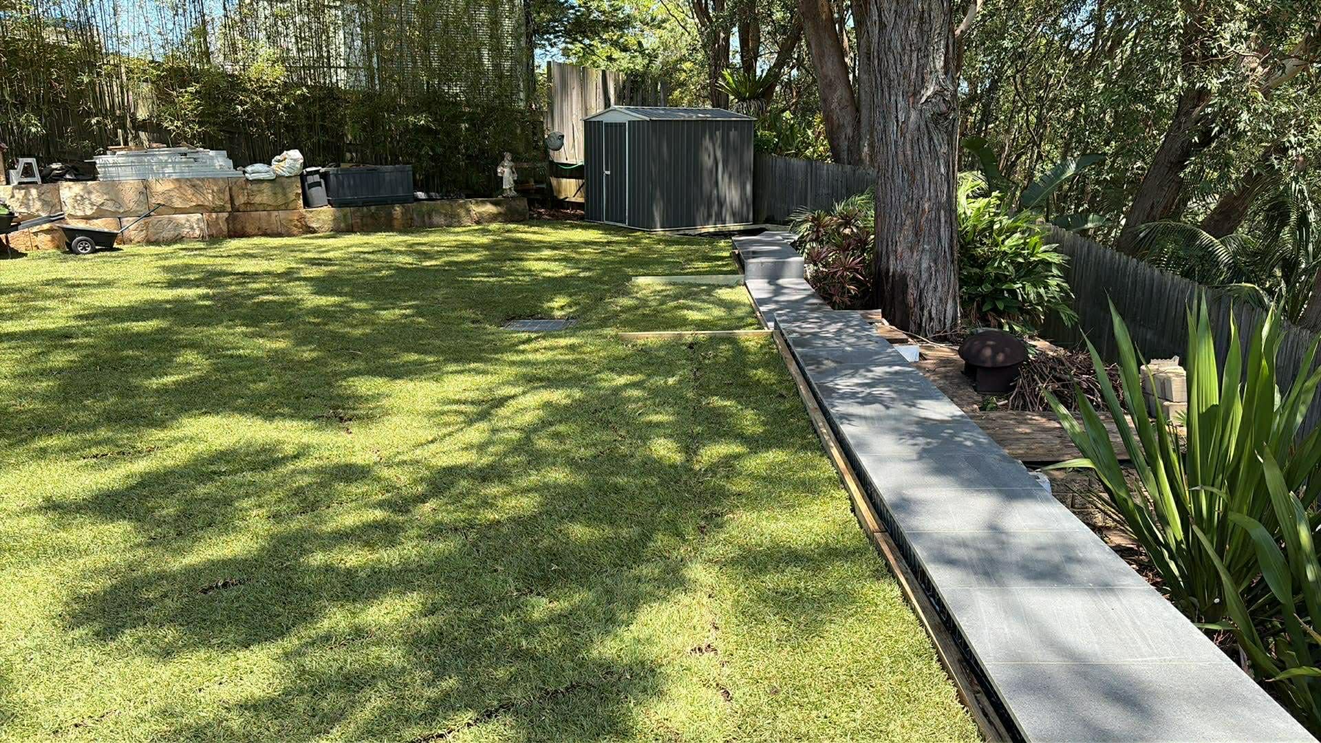 A backyard with a black fence and a green hose.