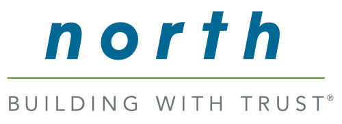 A blue and green logo for north building with trust
