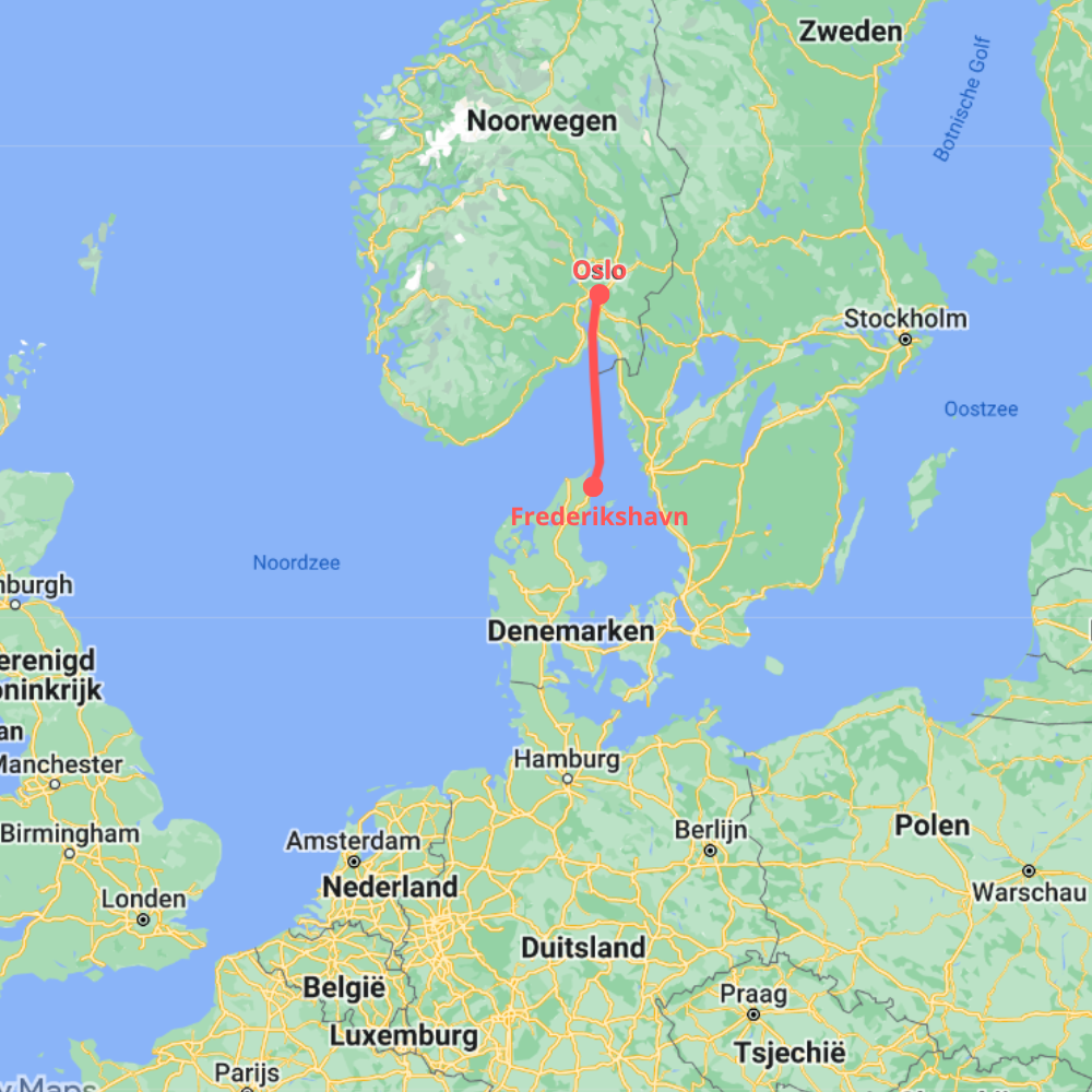 Landkaart met rode lijn van Frederikshaven naar Oslo
