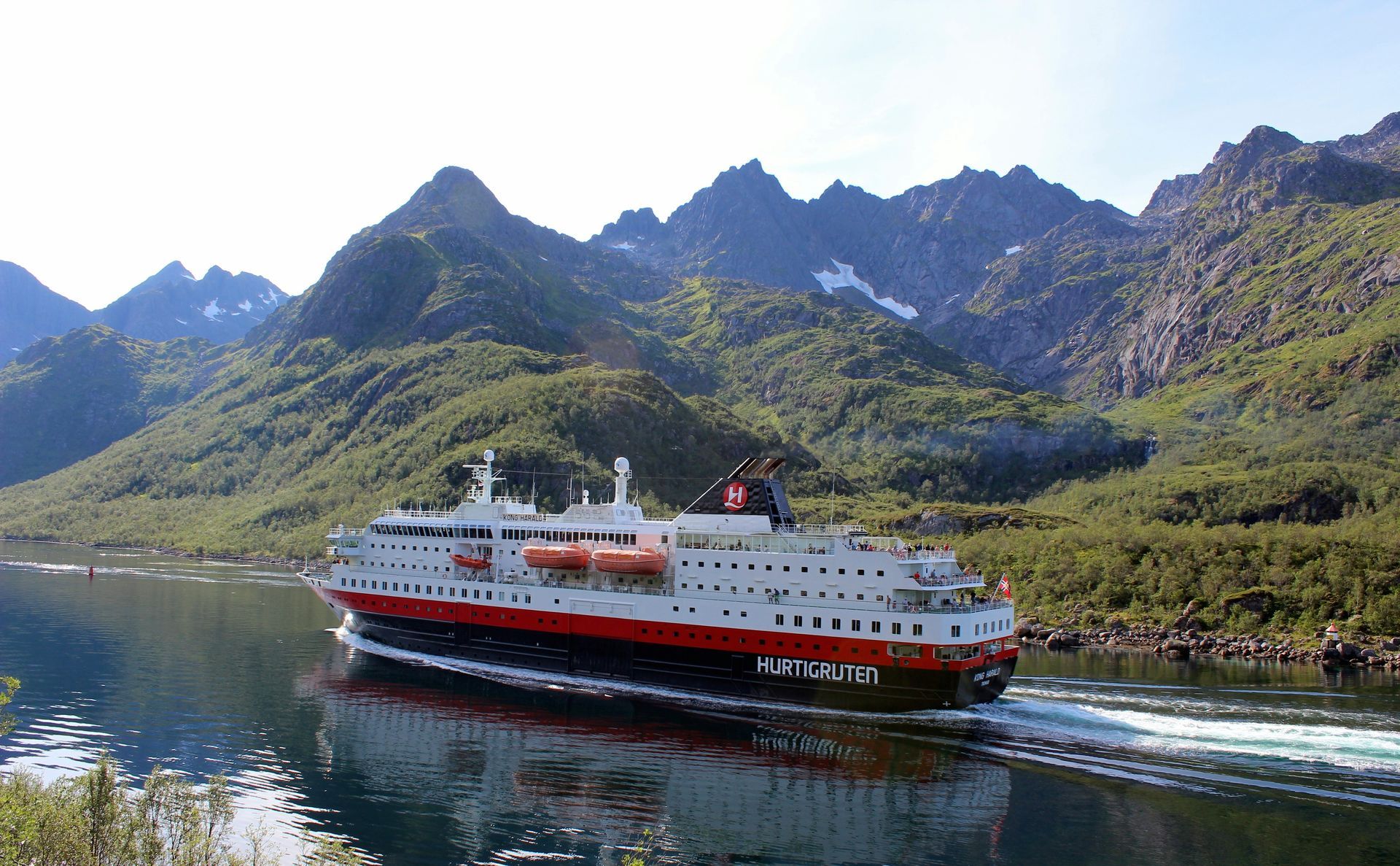 Een groot cruiseschip drijft in een watermassa met bergen op de achtergrond