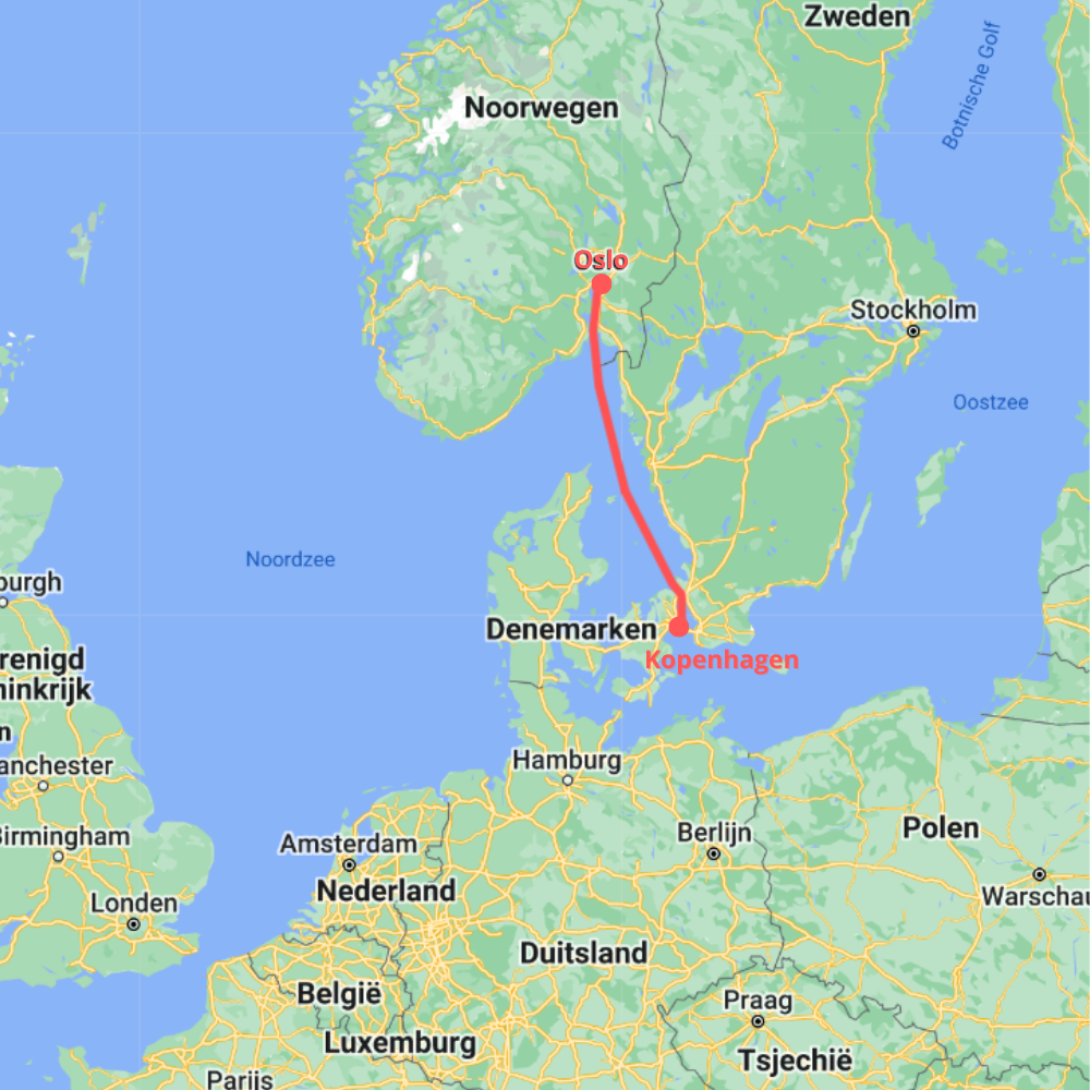 Landkaart met rode lijn van Kopenhagen naar Oslo