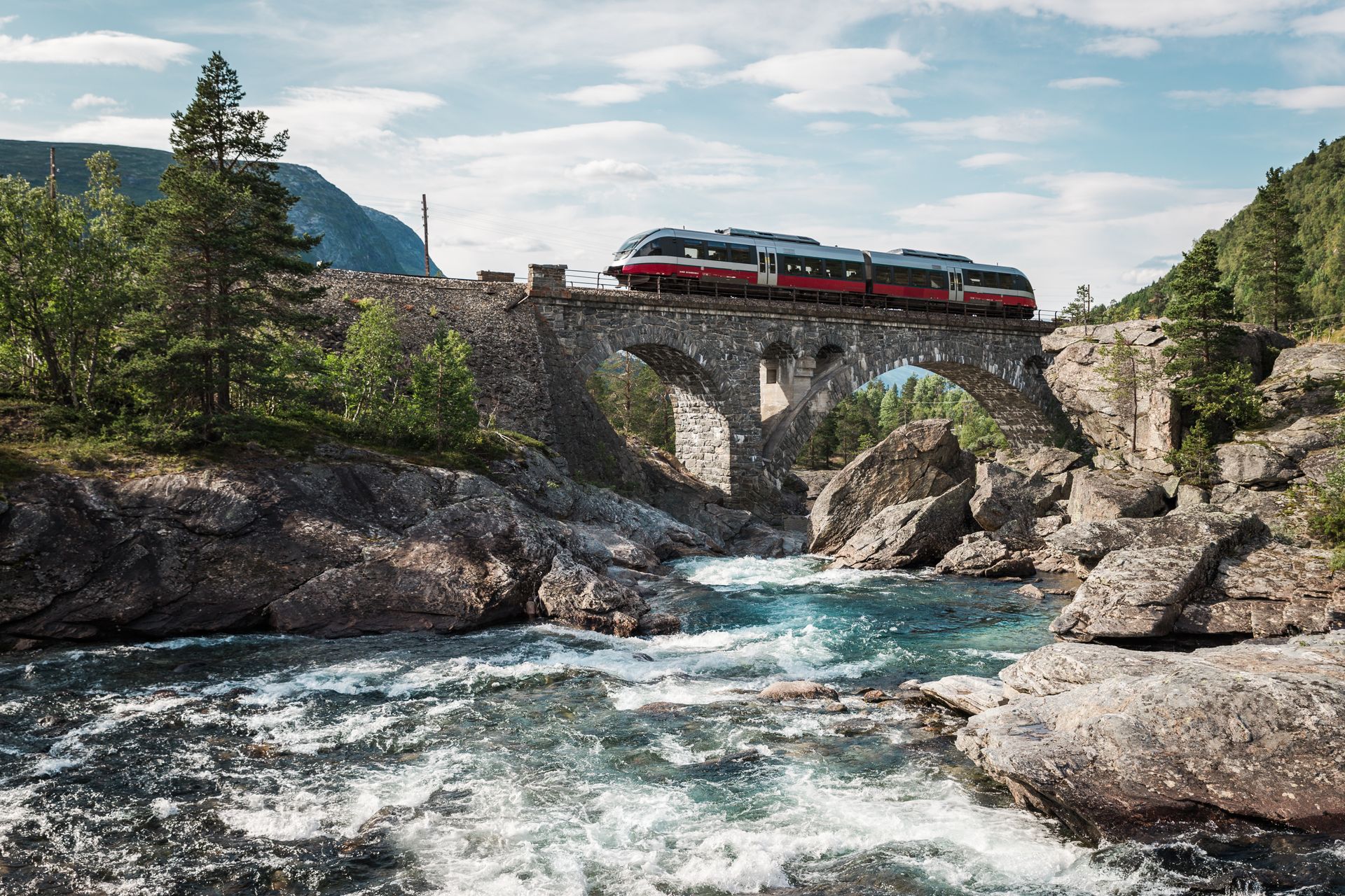 Een trein rijdt over een brug over een rivier.