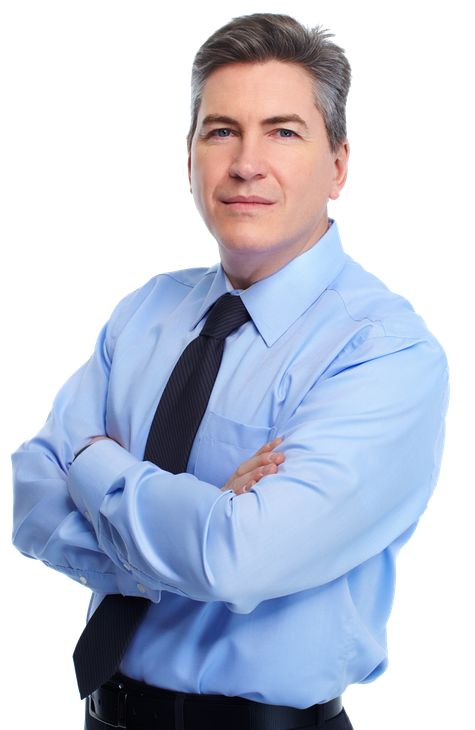A man in a blue shirt and black tie with his arms crossed.