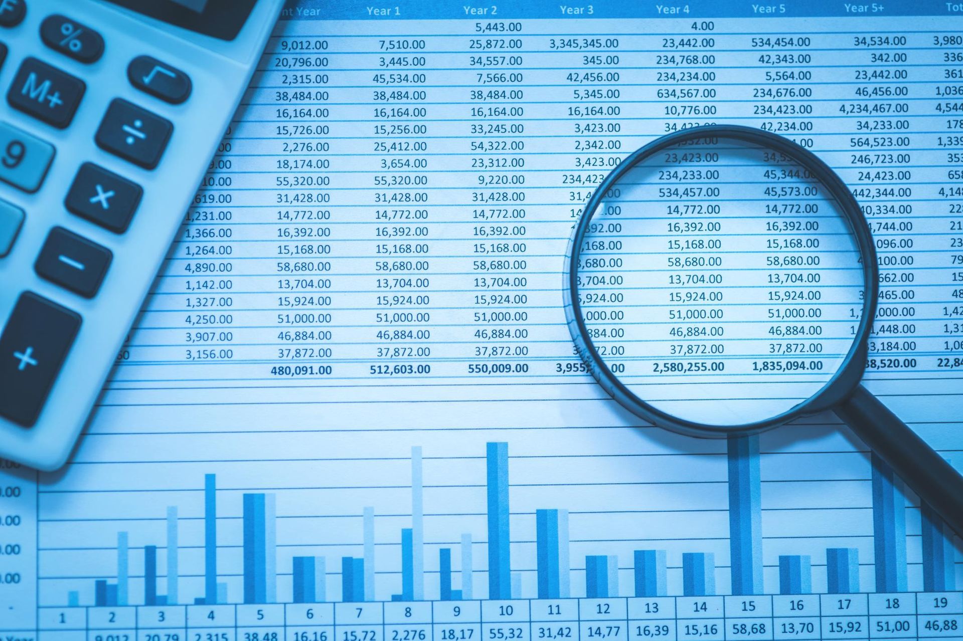 A magnifying glass is sitting on top of a graph next to a calculator.