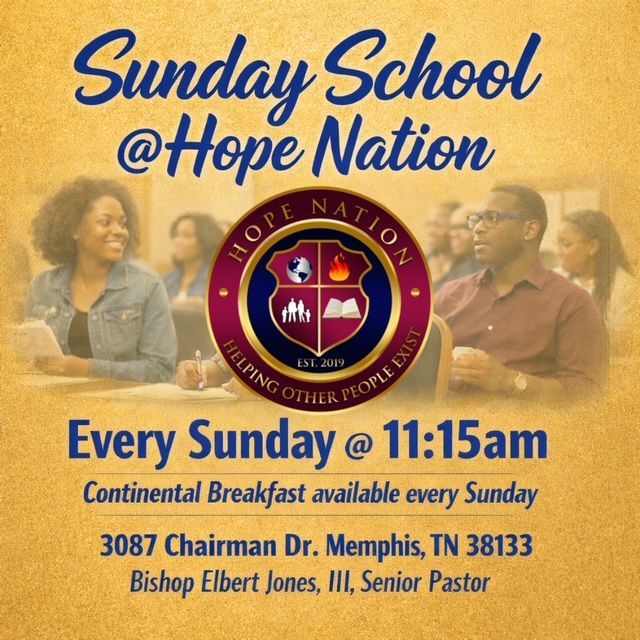 Poster: Hope Nation Ministries event. Bishop Elbert Jones. Sundays at 12:30pm, 3087 Chairman Dr, Memphis, TN. Purple and gold.
