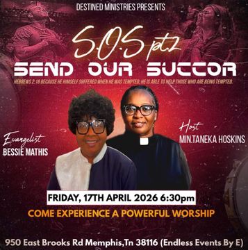 Poster: Hope Nation Ministries event. Bishop Elbert Jones. Sundays at 12:30pm, 3087 Chairman Dr, Memphis, TN. Purple and gold.