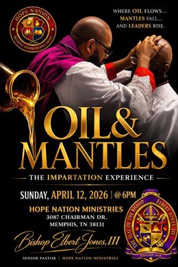 Poster: Hope Nation Ministries event. Bishop Elbert Jones. Sundays at 12:30pm, 3087 Chairman Dr, Memphis, TN. Purple and gold.