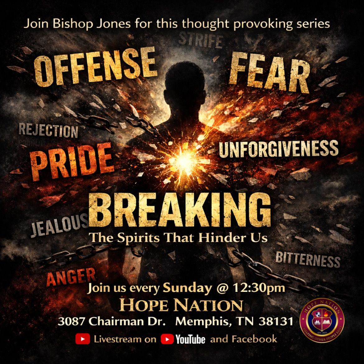 Poster: Hope Nation Ministries event. Bishop Elbert Jones. Sundays at 12:30pm, 3087 Chairman Dr, Memphis, TN. Purple and gold.
