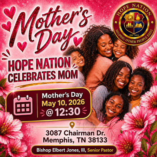 Poster: Hope Nation Ministries event. Bishop Elbert Jones. Sundays at 12:30pm, 3087 Chairman Dr, Memphis, TN. Purple and gold.