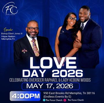 Poster: Hope Nation Ministries event. Bishop Elbert Jones. Sundays at 12:30pm, 3087 Chairman Dr, Memphis, TN. Purple and gold.