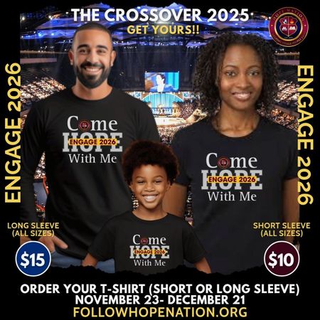 Poster: Hope Nation Ministries event. Bishop Elbert Jones. Sundays at 12:30pm, 3087 Chairman Dr, Memphis, TN. Purple and gold.