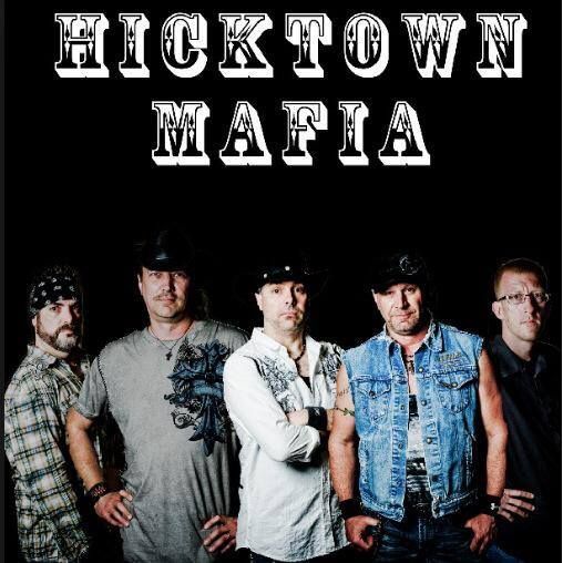 A group of men standing next to each other in front of a black background with the words hicktown mafia on it