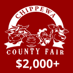 Chippewa County Fair logo on a dark red background with cartoon animals and the text "$2,000+".