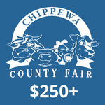 Logo for Chippewa County Fair featuring cartoon animals (cow, pig, chicken, goat) above the text "$250+". Blue background.