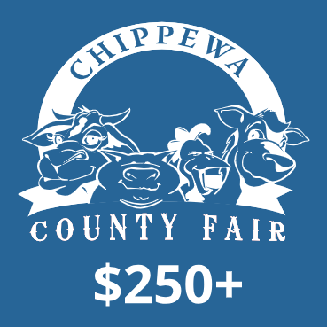 Logo for Chippewa County Fair featuring cartoon animals (cow, pig, chicken, goat) above the text "$250+". Blue background.