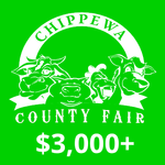 A white logo on a green background featuring a cow, pig, chicken, and sheep, with text reading "CHIPPEWA COUNTY FAIR $3,000+".