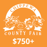 Chippewa County Fair logo on an orange background with illustrations of a cow, pig, chicken, and sheep above "$750+".