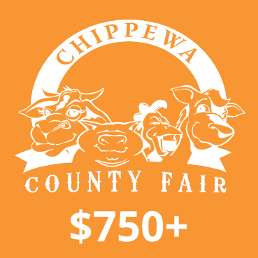 Chippewa County Fair logo on an orange background with illustrations of a cow, pig, chicken, and sheep above "$750+".
