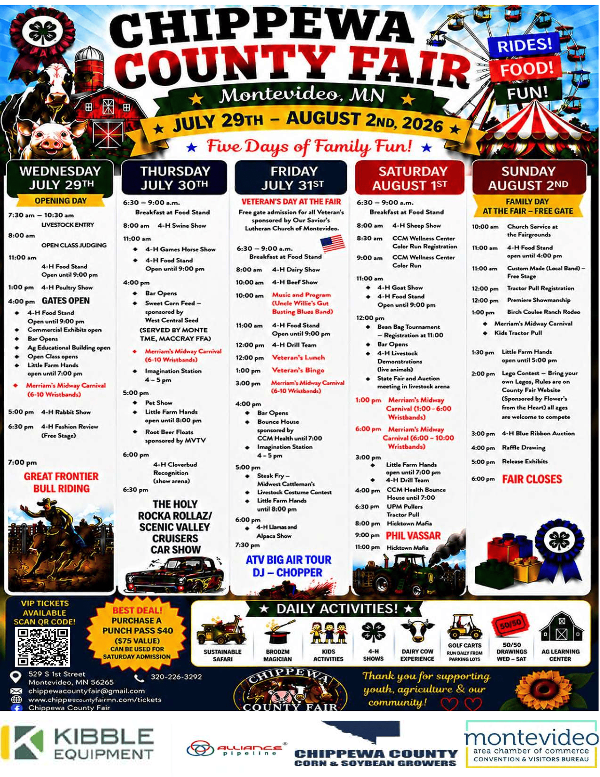 Chippewa County Fair 2022 event schedule poster with dates, attractions, and sponsor logos