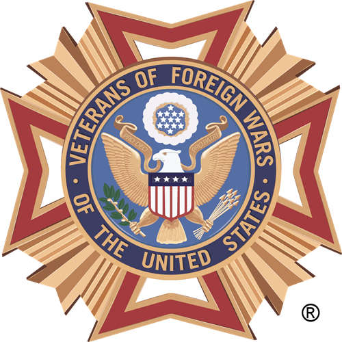 Veterans of Foreign Wars of the United States emblem with gold eagle and star on blue and red seal