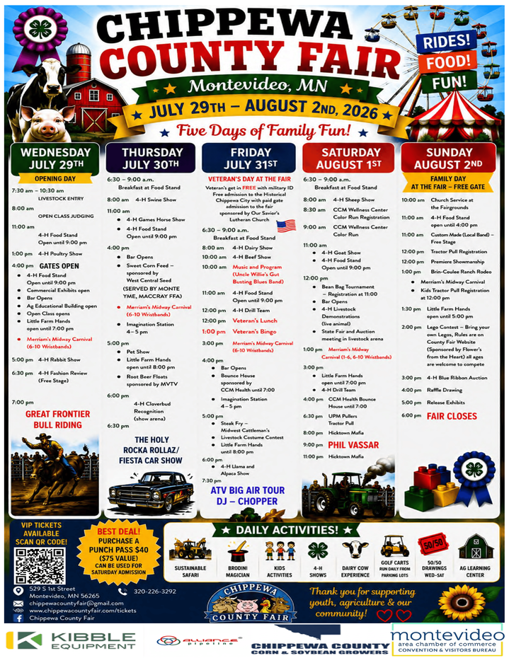 Chippewa County Fair 2024 schedule poster with event listings, colorful carnival graphics, and sponsor logos