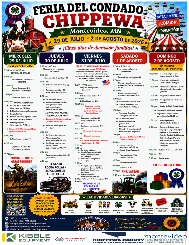 Colorful poster for Feria del Condado de Chippipewa, July 29–Aug. 7, 2022, with event schedule details
