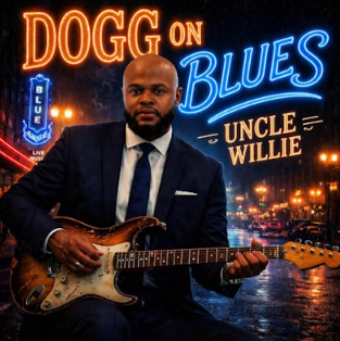 Man holding an electric guitar in front of neon text reading “DOGG on Blues” and “Uncle Willie”