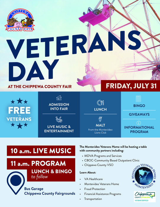 Veterans Day fair poster with blue text, red Friday banner, and event schedule details