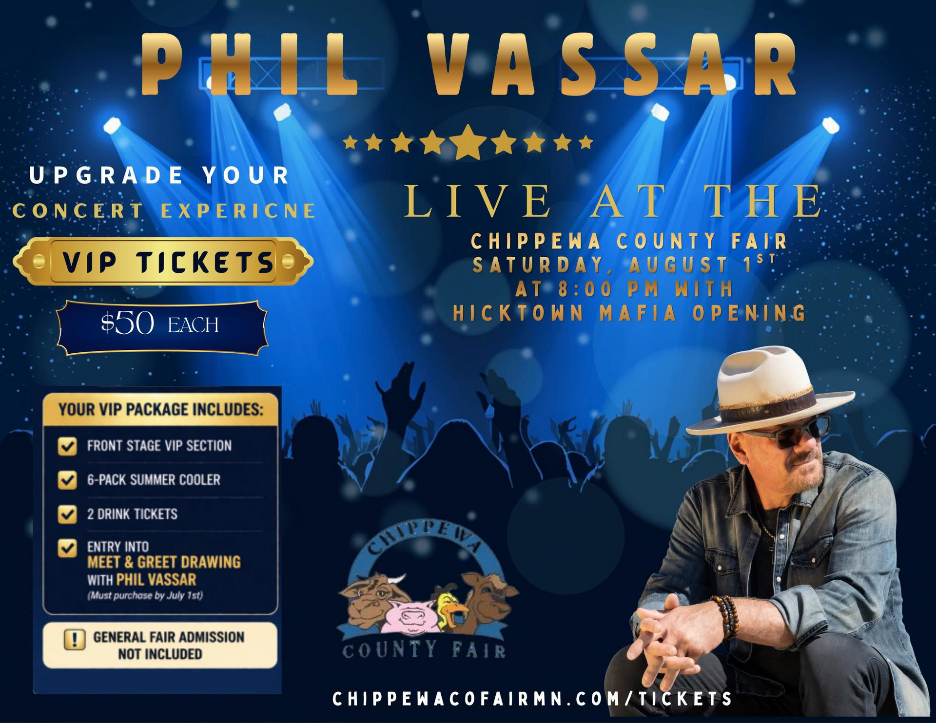 Phil Vassar concert promo with singer in white hat at Chippendale, August 2024, VIP tickets highlighted